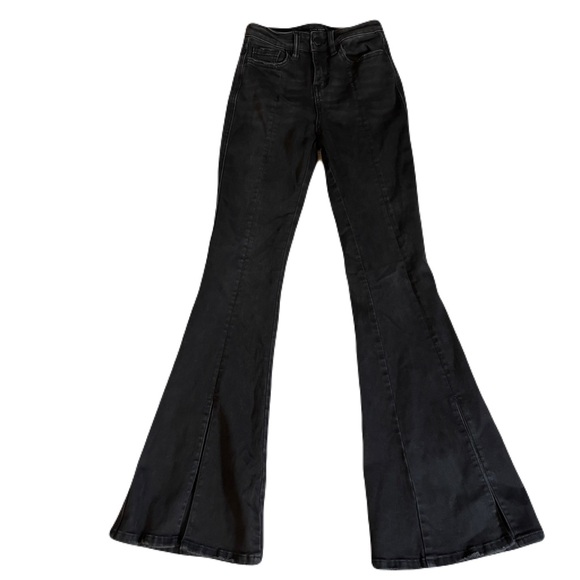 Flying Monkey High Rise Wide Flare Jeans Black Slit Hem Distressed Size 23 - Picture 1 of 8